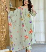 Women's Beautiful Printed Work Chanderi Fabric Straight Kurta Pant and Dupatta Set