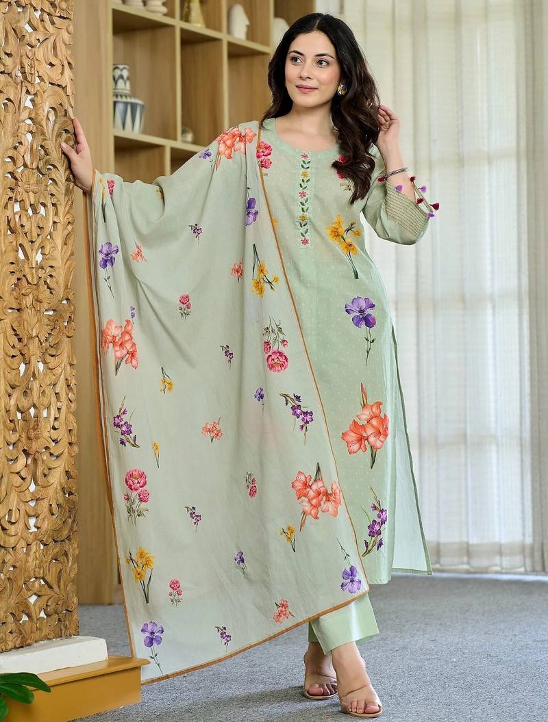 Women's Beautiful Printed Work Chanderi Fabric Straight Kurta Pant and Dupatta Set