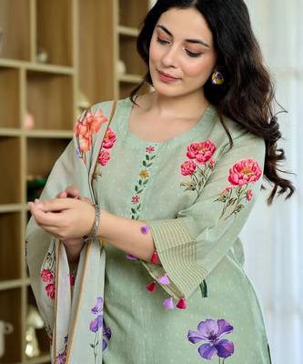 Women's Beautiful Printed Work Chanderi Fabric Straight Kurta Pant and Dupatta Set 3