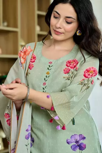 Women's Beautiful Printed Work Chanderi Fabric Straight Kurta Pant and Dupatta Set