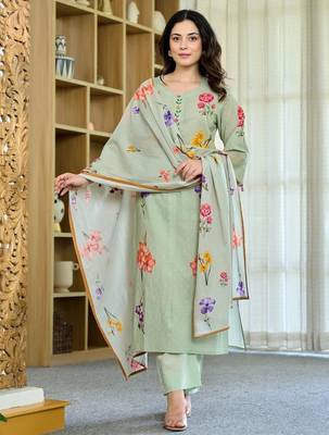 Women's Beautiful Printed Work Chanderi Fabric Straight Kurta Pant and Dupatta Set 4