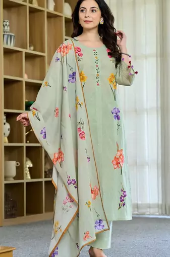 Women's Beautiful Printed Work Chanderi Fabric Straight Kurta Pant and Dupatta Set