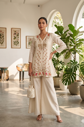 Cream silk short kurti with palazzo set for women