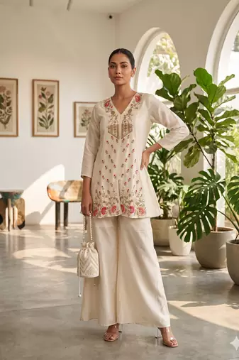 Cream silk short kurti with palazzo set for women
