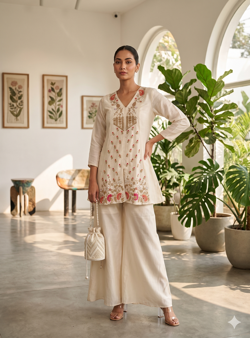 Cream silk short kurti with palazzo set for women