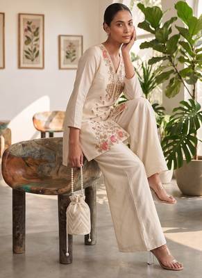 Cream silk short kurti with palazzo set for women 2
