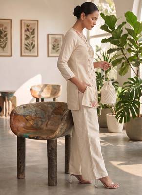 Cream silk short kurti with palazzo set for women 3