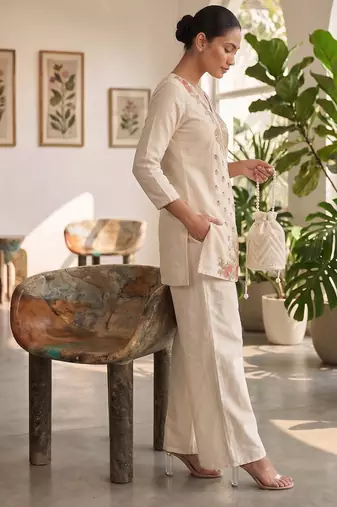 Cream silk short kurti with palazzo set for women