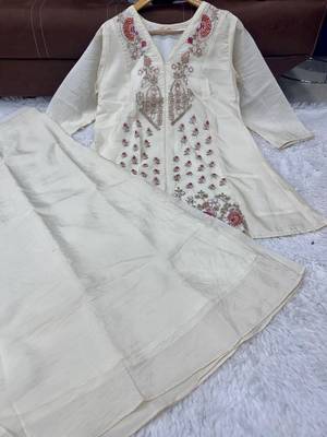 Cream silk short kurti with palazzo set for women 4