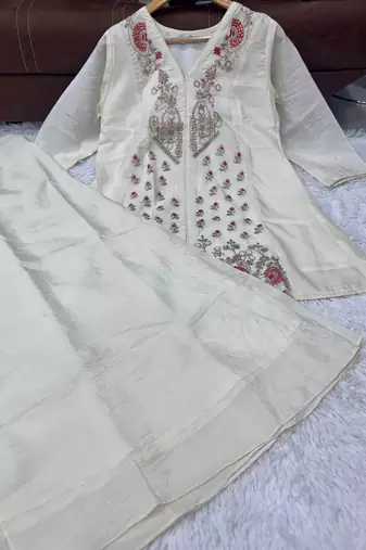 Cream silk short kurti with palazzo set for women