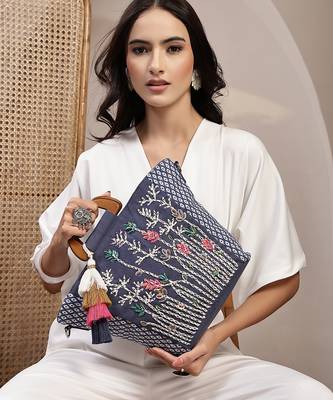  thread bloom navy floral embroidered cotton canvas handheld bag 2