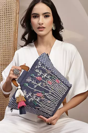   thread bloom navy floral embroidered cotton canvas handheld bag
