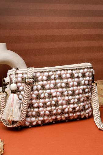  petal posh blush pink & off white beaded cotton jacquard sling bag