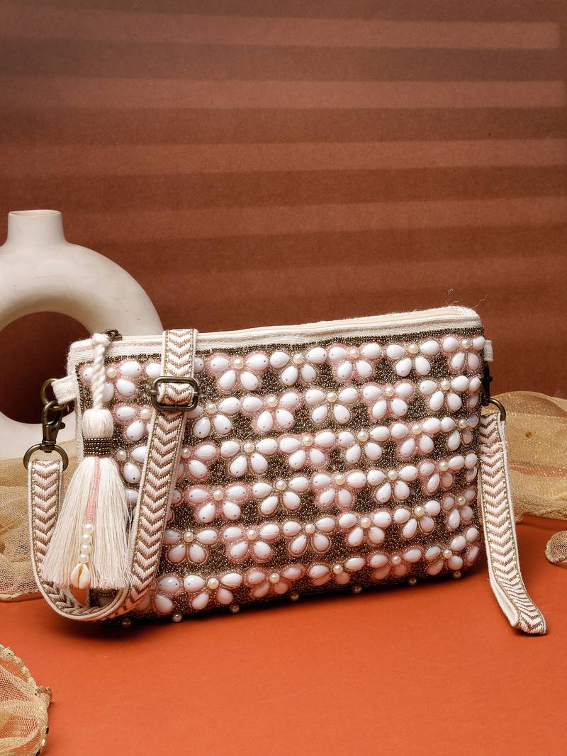   petal posh blush pink & off white beaded cotton jacquard sling bag