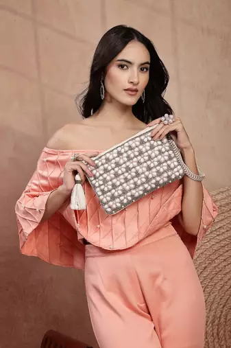   petal posh blush pink & off white beaded cotton jacquard sling bag