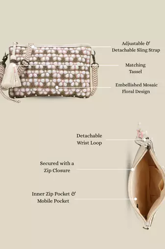   petal posh blush pink & off white beaded cotton jacquard sling bag