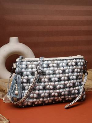  petal posh navy blue & off white beaded cotton jacquard sling bag 1