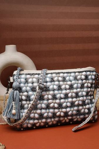   petal posh navy blue & off white beaded cotton jacquard sling bag