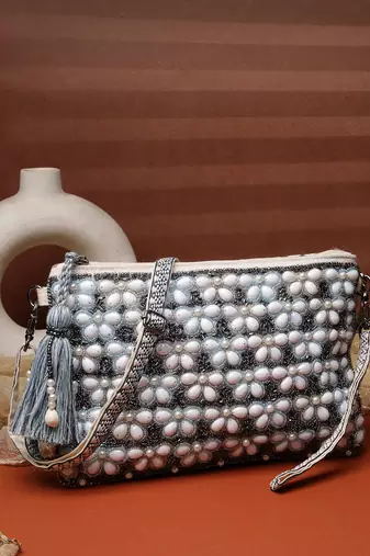   petal posh navy blue & off white beaded cotton jacquard sling bag