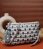   petal posh navy blue & off white beaded cotton jacquard sling bag