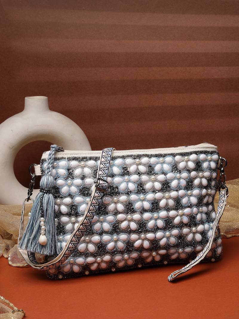   petal posh navy blue & off white beaded cotton jacquard sling bag