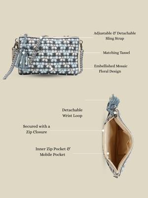  petal posh navy blue & off white beaded cotton jacquard sling bag 3