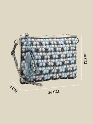  petal posh navy blue & off white beaded cotton jacquard sling bag 4