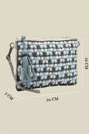   petal posh navy blue & off white beaded cotton jacquard sling bag
