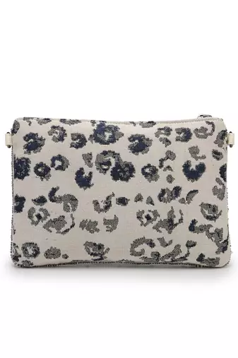   petal posh navy blue & off white beaded cotton jacquard sling bag