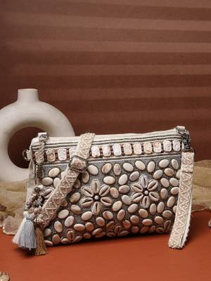  petal posh ivory & antique gold hand beaded cotton sling bag 1
