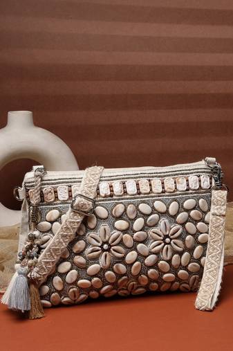  petal posh ivory & antique gold hand beaded cotton sling bag