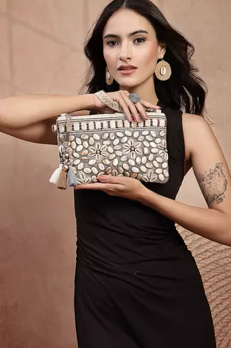   petal posh ivory & antique gold hand beaded cotton sling bag