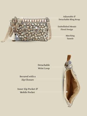  petal posh ivory & antique gold hand beaded cotton sling bag 3