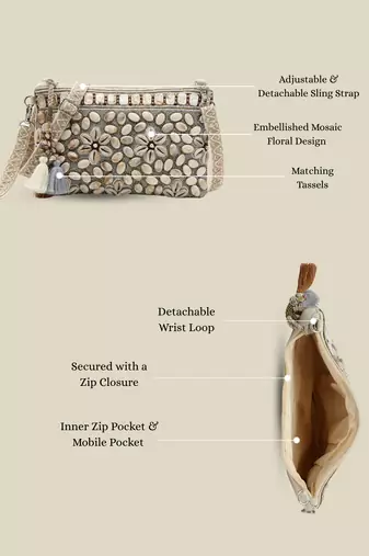  petal posh ivory & antique gold hand beaded cotton sling bag