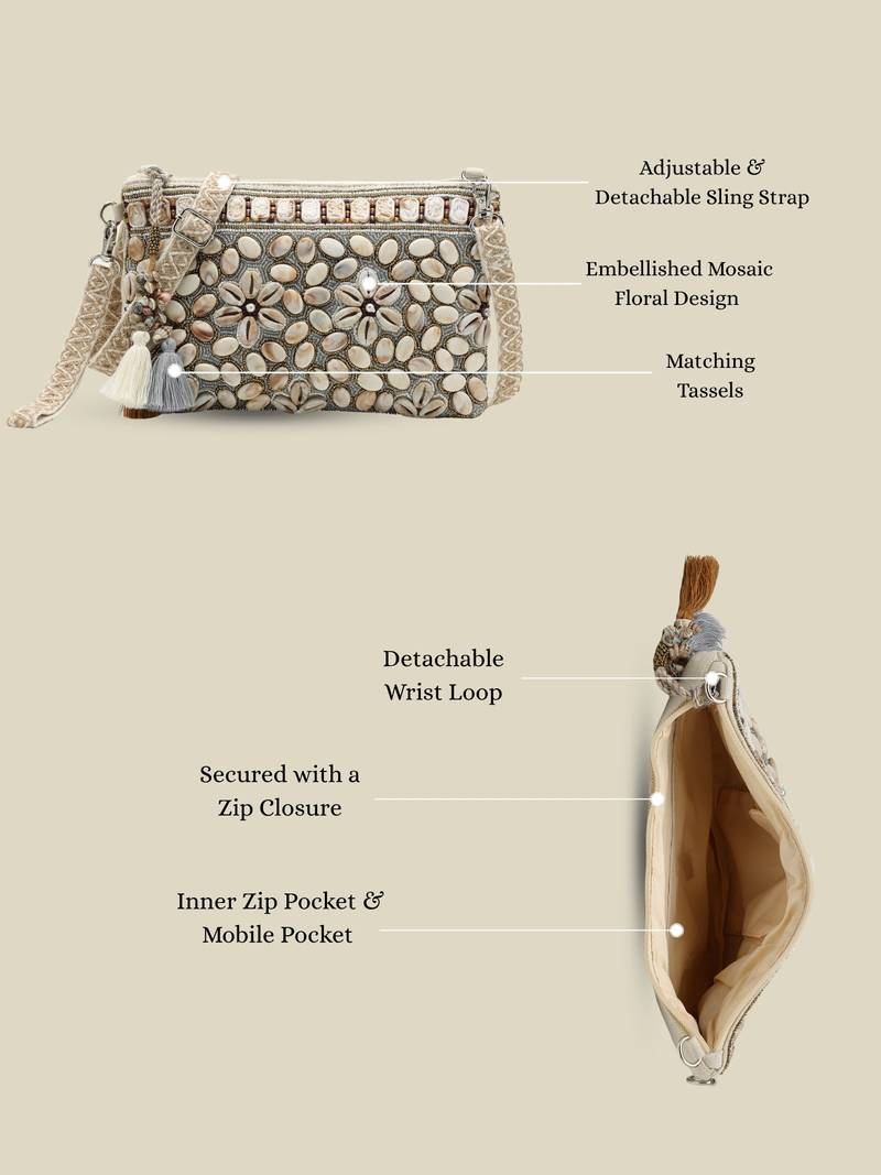   petal posh ivory & antique gold hand beaded cotton sling bag