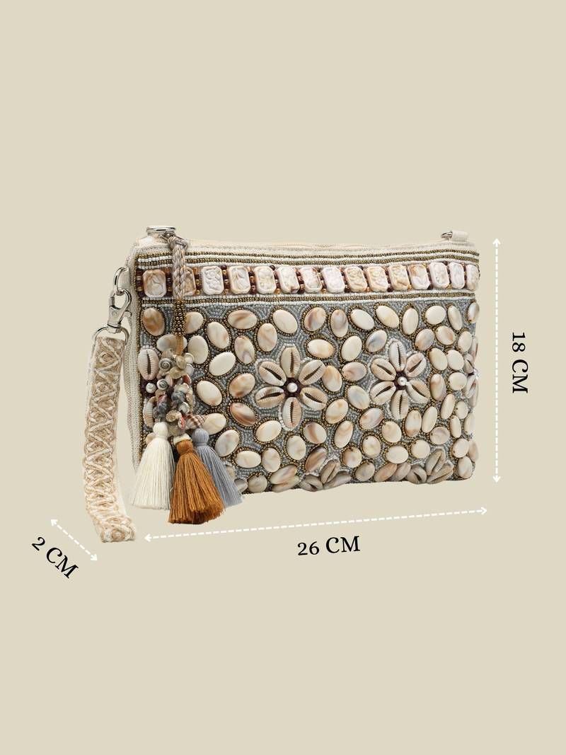   petal posh ivory & antique gold hand beaded cotton sling bag