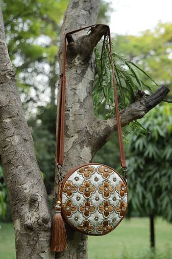   petal posh caramel brown embellished cotton canvas sling bag