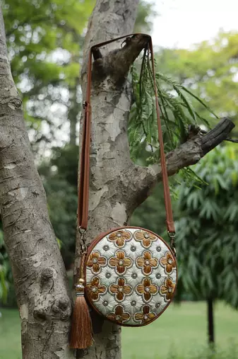   petal posh caramel brown embellished cotton canvas sling bag