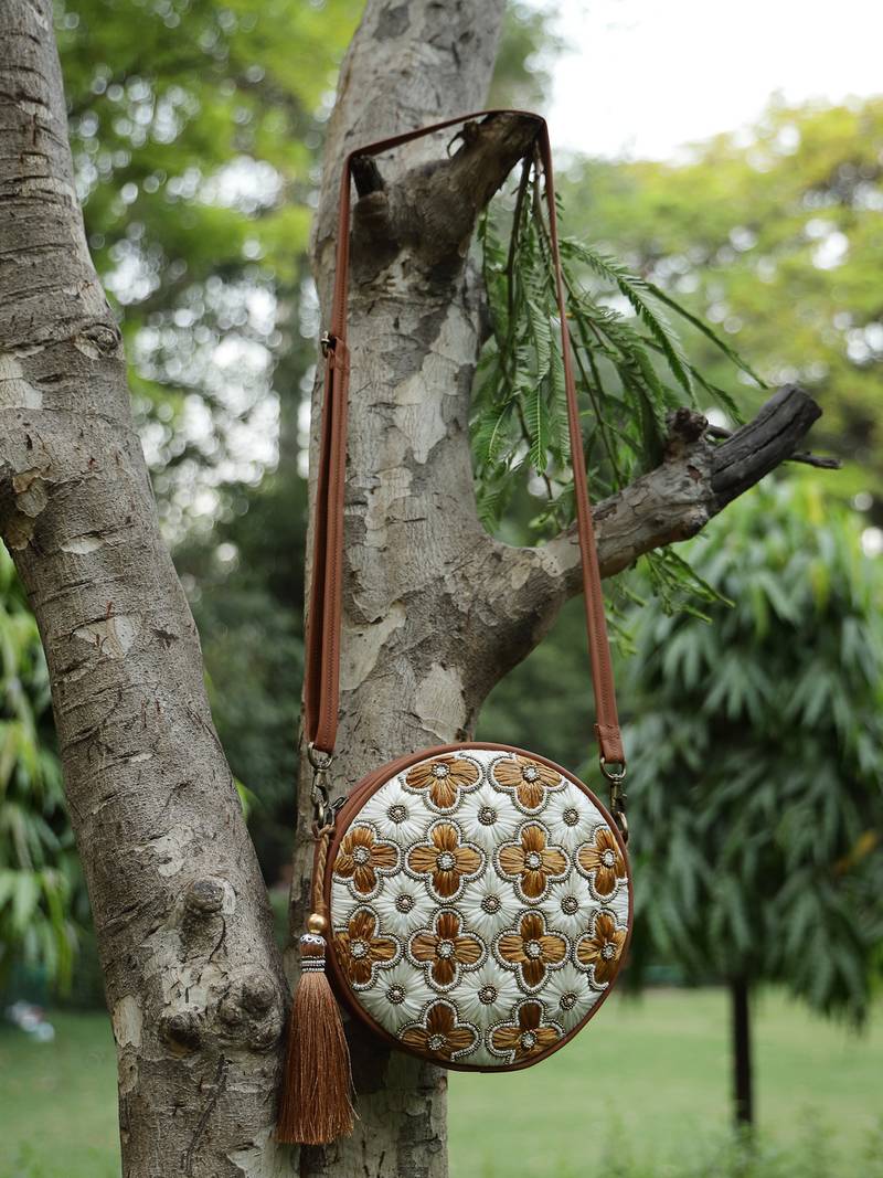   petal posh caramel brown embellished cotton canvas sling bag