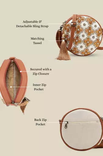   petal posh caramel brown embellished cotton canvas sling bag