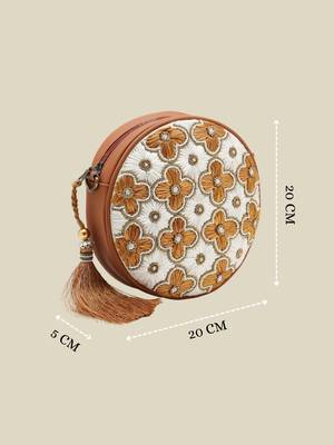  petal posh caramel brown embellished cotton canvas sling bag 4