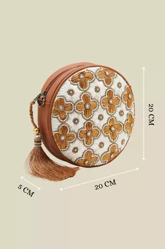  petal posh caramel brown embellished cotton canvas sling bag