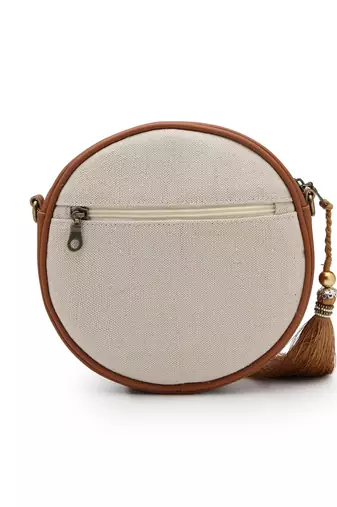   petal posh caramel brown embellished cotton canvas sling bag