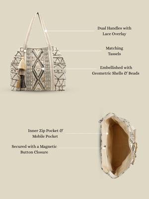  folklore edit ivory geometric shell embellished jacquard hobo bag 3