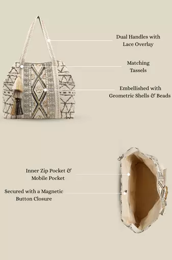   folklore edit ivory geometric shell embellished jacquard hobo bag