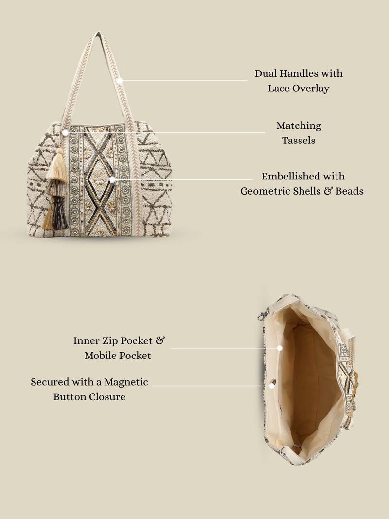   folklore edit ivory geometric shell embellished jacquard hobo bag