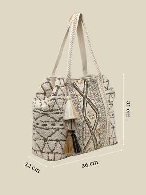  folklore edit ivory geometric shell embellished jacquard hobo bag 4