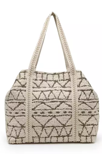   folklore edit ivory geometric shell embellished jacquard hobo bag