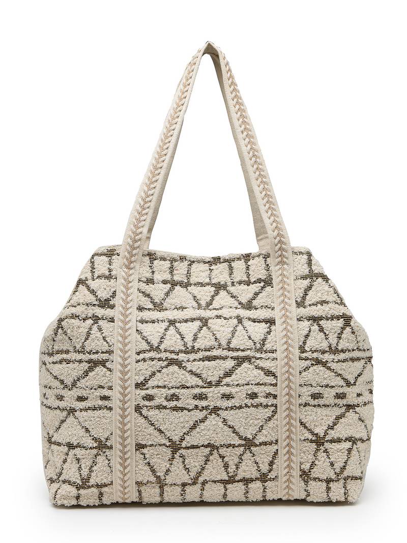   folklore edit ivory geometric shell embellished jacquard hobo bag