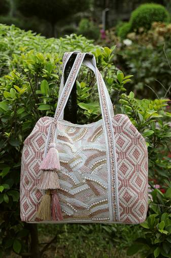   folklore edit blush pink & gold abstract beaded jacquard hobo bag